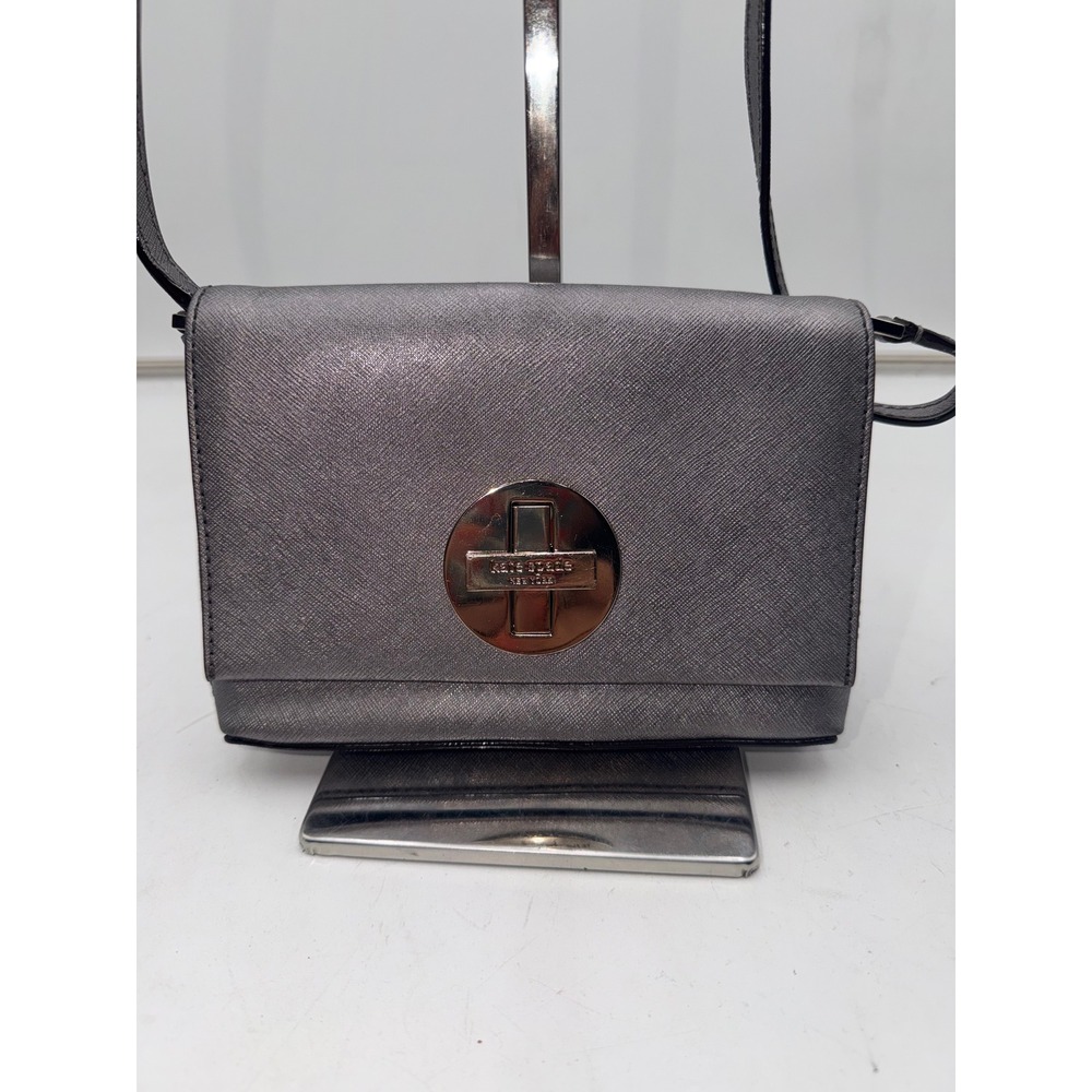 Metallic Gray Crossbody Bag with Turn-Lock Closure